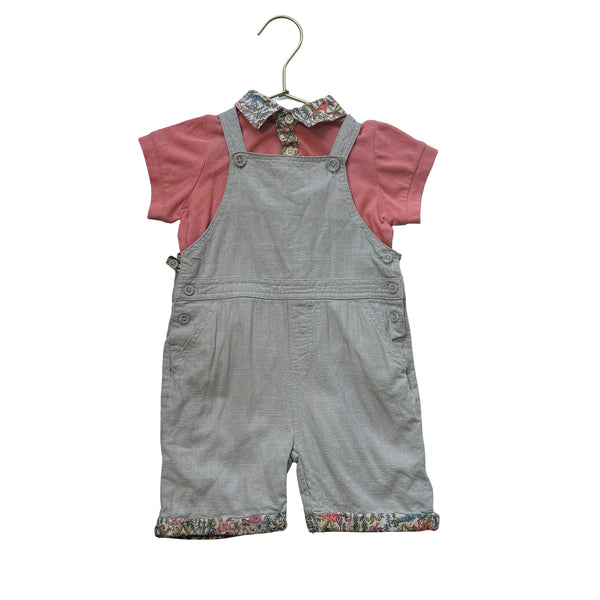 Mamas & Papas Gray Shortalls & Pink Polo, Floral Trim - Size 2-3