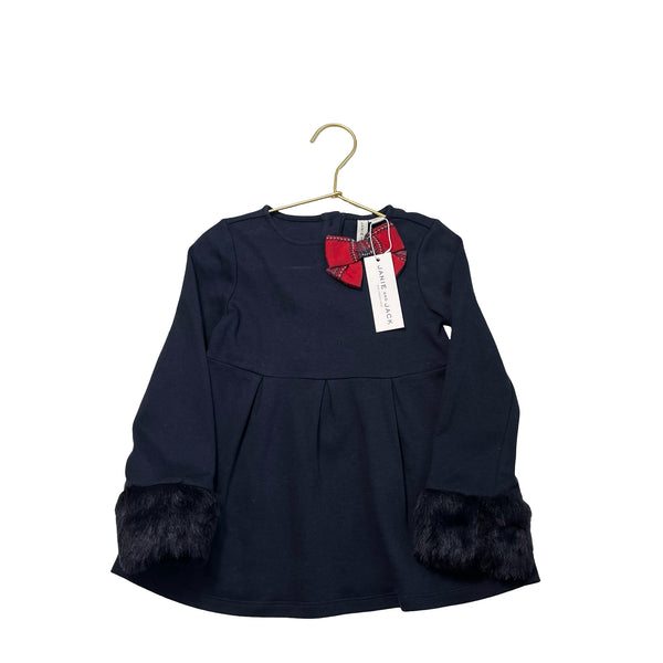 Janie and Jack Navy, Red Plaid Bow Faux Fur Cuff Shirt w/ Tag - Size 4