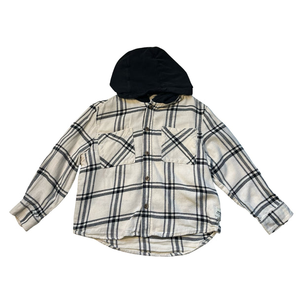 Zara Ivory & Black Plaid Flannel Hooded Button Down Shirt - Size 6