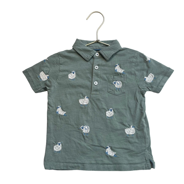Mini Boden Sage Green Embroidered Sheep Polo Shirt - Size 2-3Y
