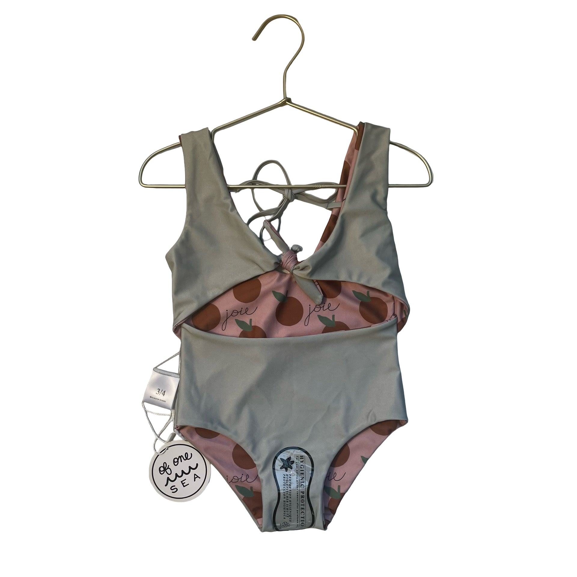 Of One Sea Reversible Sage Green & Peach Fruit Print Swim Suit with Tags - 3-4