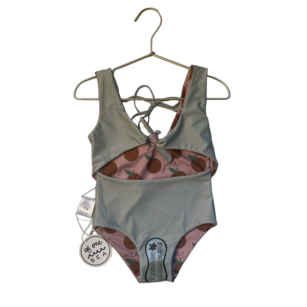 Of One Sea Reversible Sage Green & Peach Fruit Print Swim Suit with Tags - 3-4