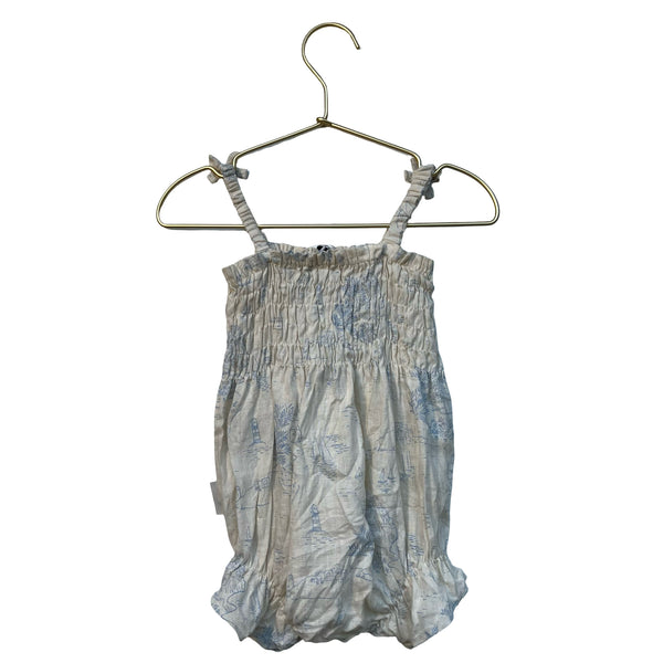 Sproet & Sprout Ivory & Light Blue Toile 100% Linen Bubble Romper - Size 12 Mo