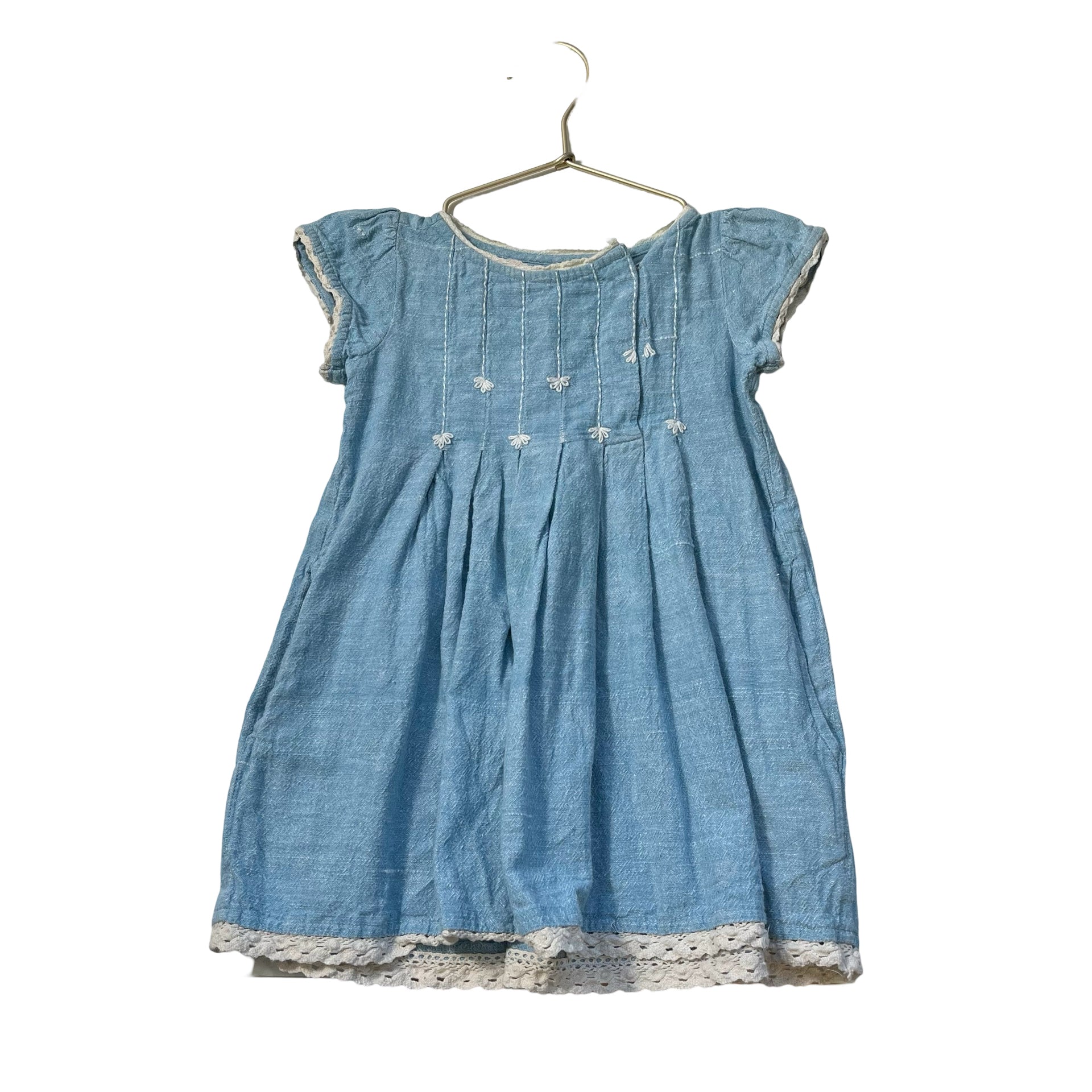 FabIndia Light Blue & Ivory Crochet Trim Short Sleeve Linen Dress - Size 2/3 - Bounce Mkt