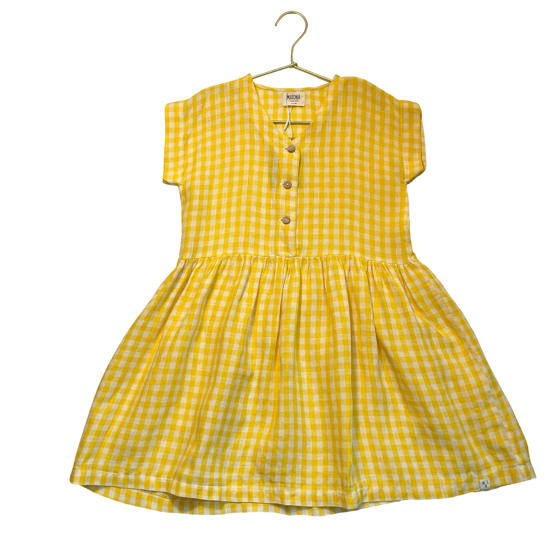 Matona Yellow Check 100% Linen Dress - Size 5-6