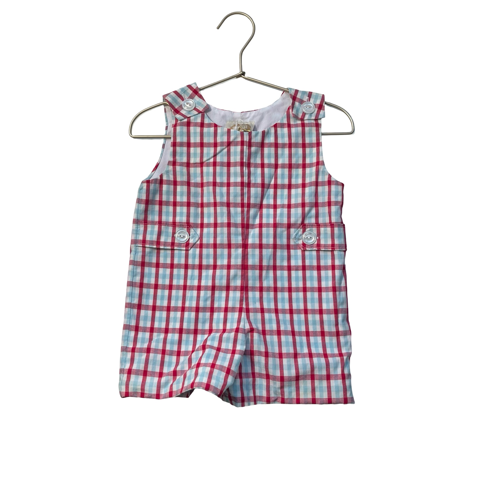 Beaufort Bonnet White, Red, Light Blue Check Shortall Romper - Size 6-12 Mo