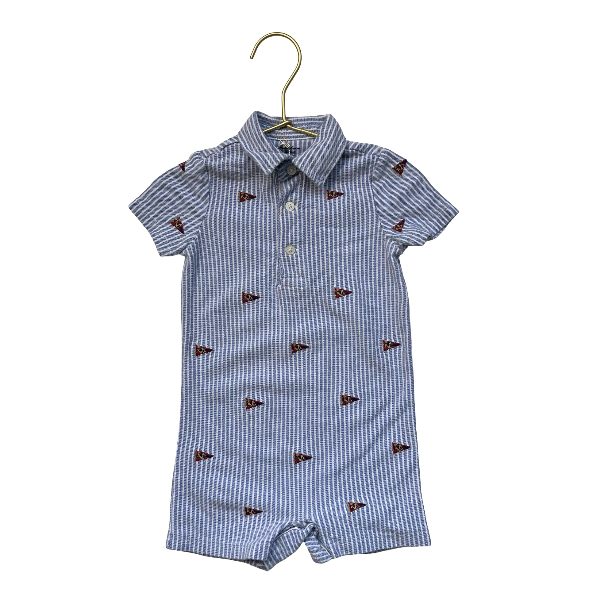 Ralph Lauren Blue Striped Embroidered Flag Polo Romper - Size 12 Mo