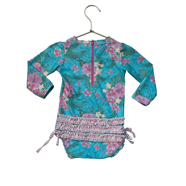 Ruffle Butts Aqua Blue Tropical Floral Swim Suit - Size 18-24 Mo