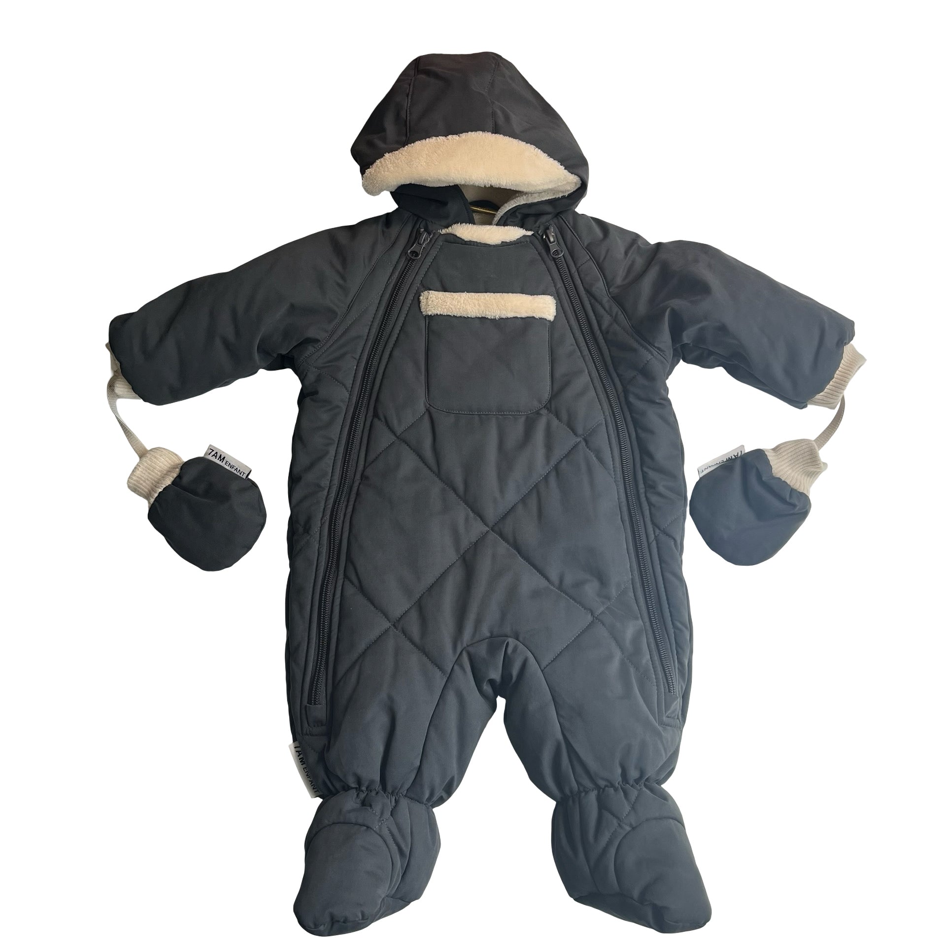 7 A.M. Enfant Fleece-Lined Dark Gray Quilted Baby Bunting & Mittens - 3-6 Mo