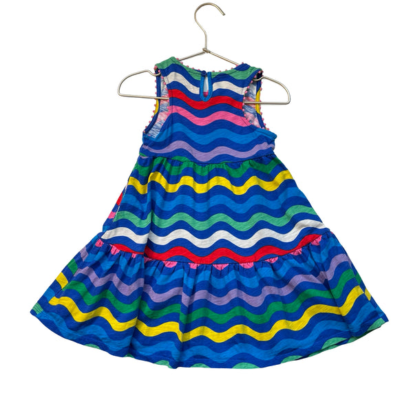 Mini Boden Blue & Rainbow Wavy Striped Dress - Size 4-5