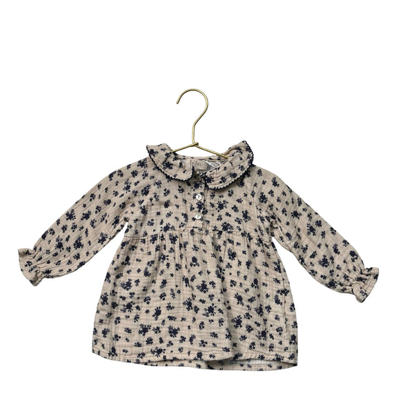 Buho Tan & Navy Floral Cotton Gauze Dress - Size 3 Mo