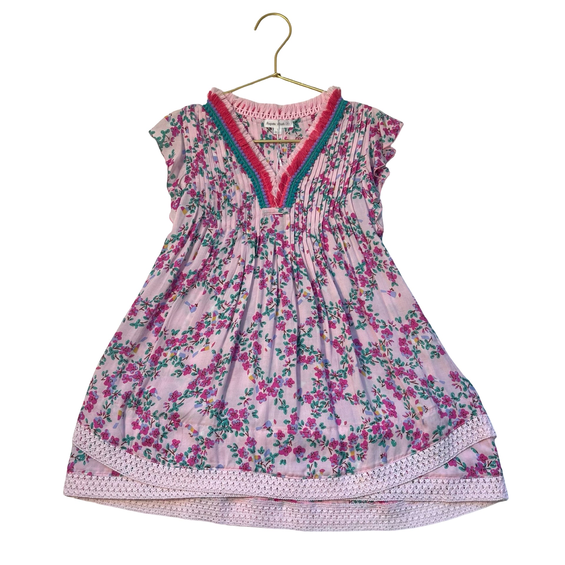 Poupette St Barth Pink Floral Fringe & Lace Trim Dress - Size S