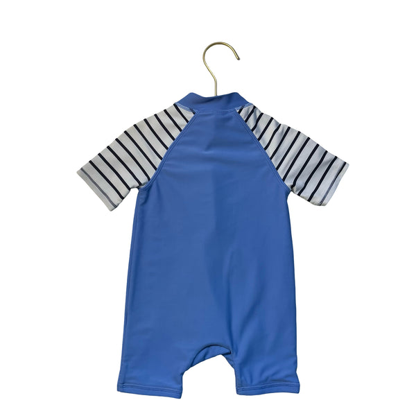Janie and Jack Periwinkle Blue & Navy/Ivory Striped Swim Romper - Size 6-12 Mo