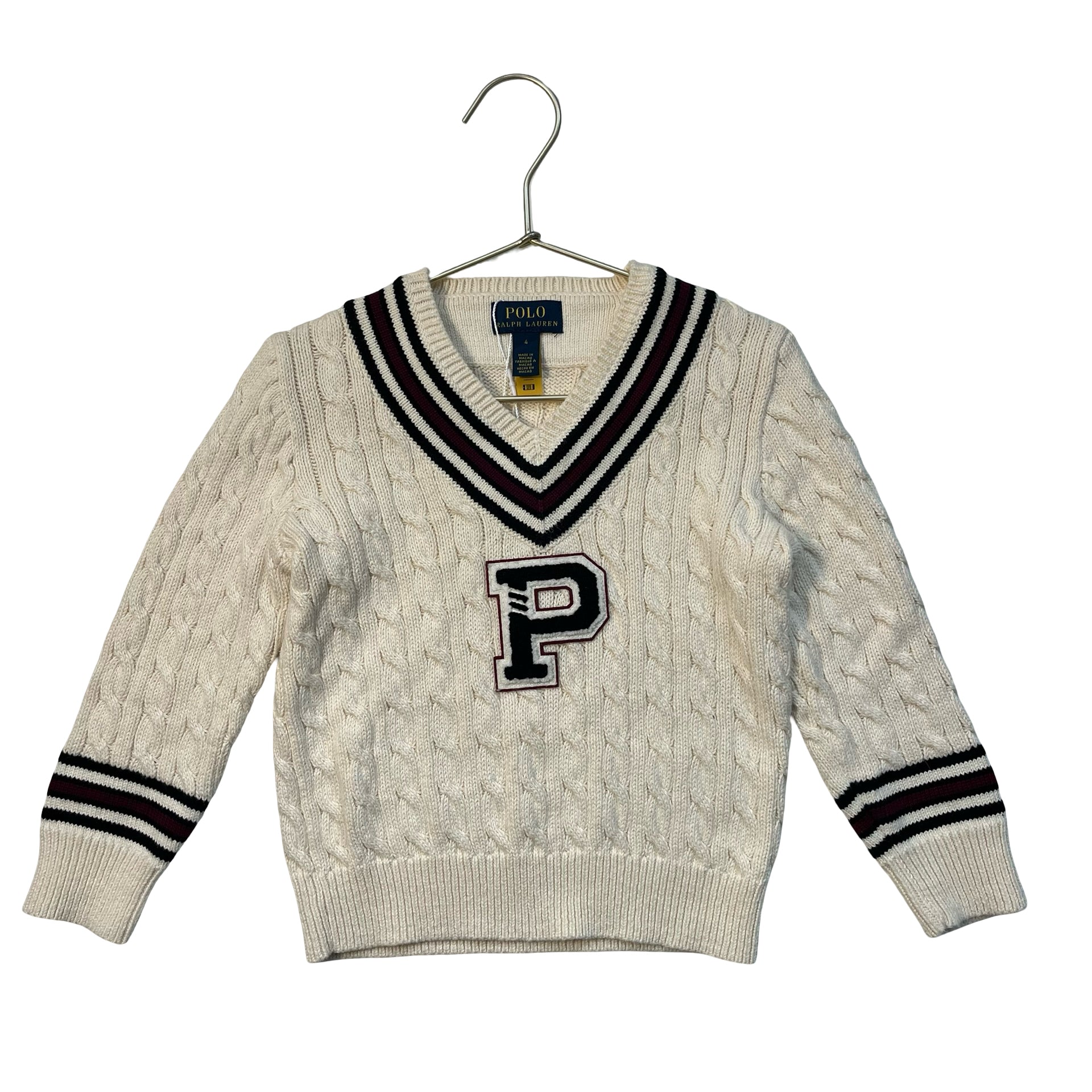Polo Ralph Lauren Ivory Cotton Cable-Knit V-Neck Varsity Sweater - Size 4