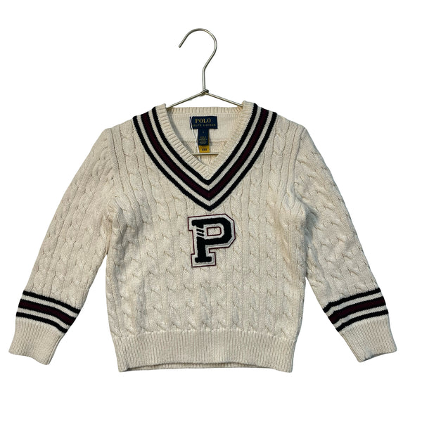 Polo Ralph Lauren Ivory Cotton Cable-Knit V-Neck Varsity Sweater - Size 4