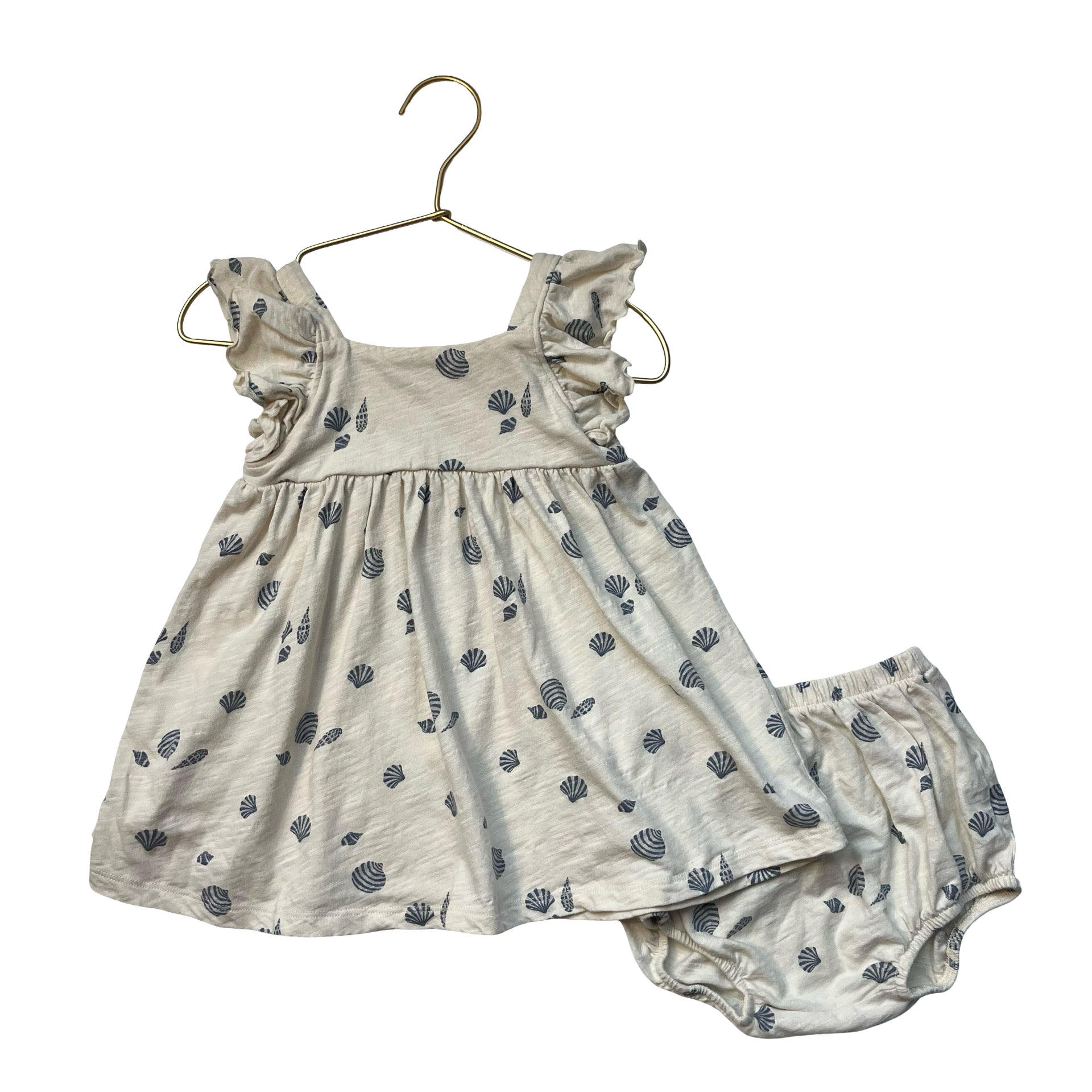 Rylee & Cru Ivory & Blue Shell Print Dress & Bloomers - Size 12-18 Mo