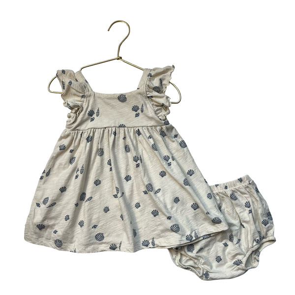 Rylee & Cru Ivory & Blue Shell Print Dress & Bloomers - Size 12-18 Mo