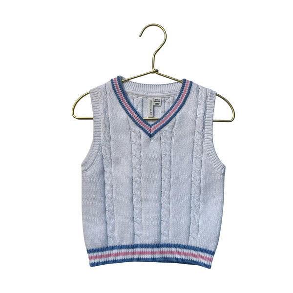 Janie and Jack White, Pink, Blue Cotton Cable-Knit Sweater Vest - Size 18-24 Mo