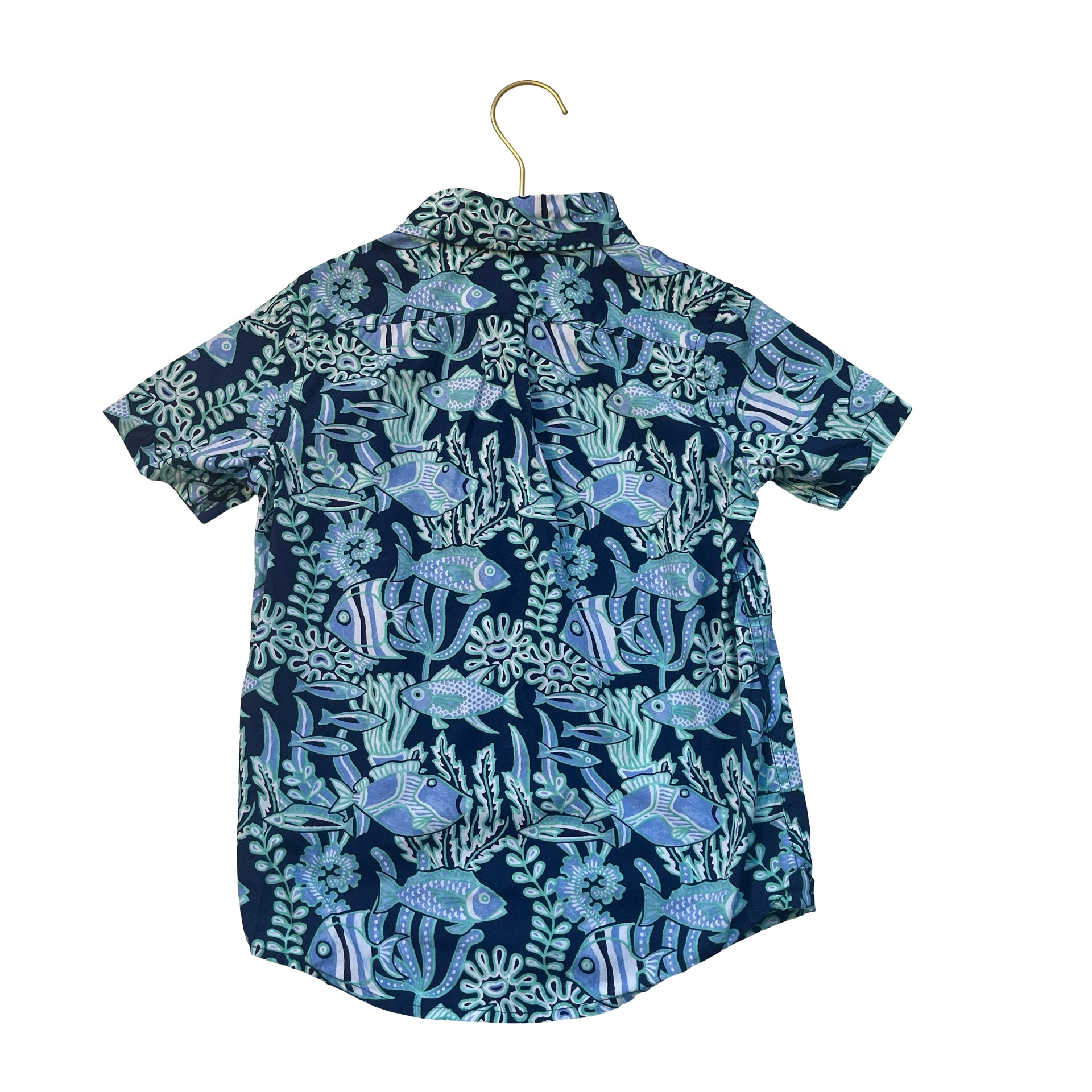 Janie and Jack Navy, Blue, Green Fish Print Button Down Shirt - Size 6