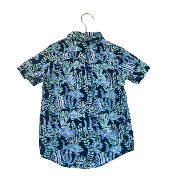 Janie and Jack Navy, Blue, Green Fish Print Button Down Shirt - Size 6