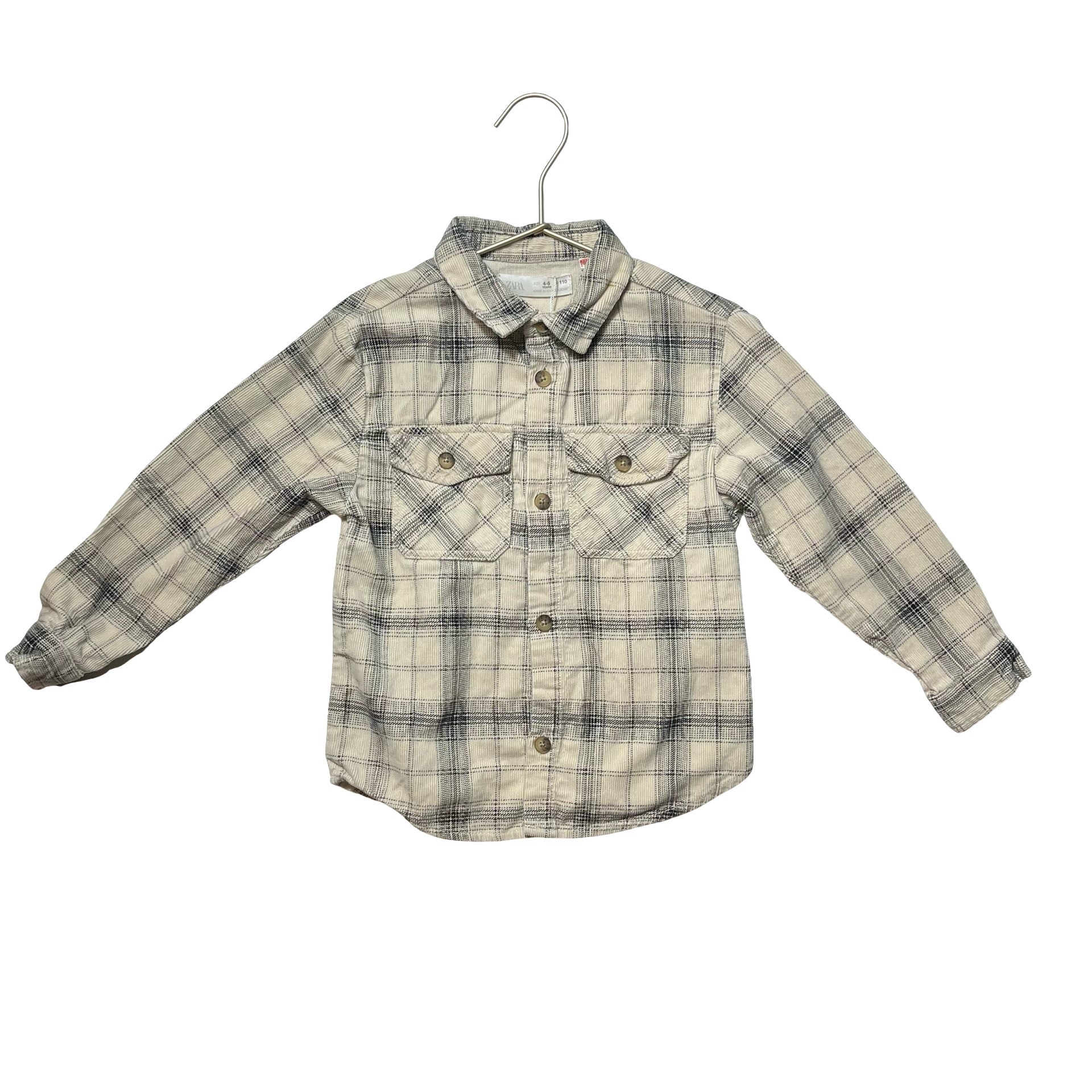 Zara Ivory & Black Plaid Corduroy Button Down - Size 4-5