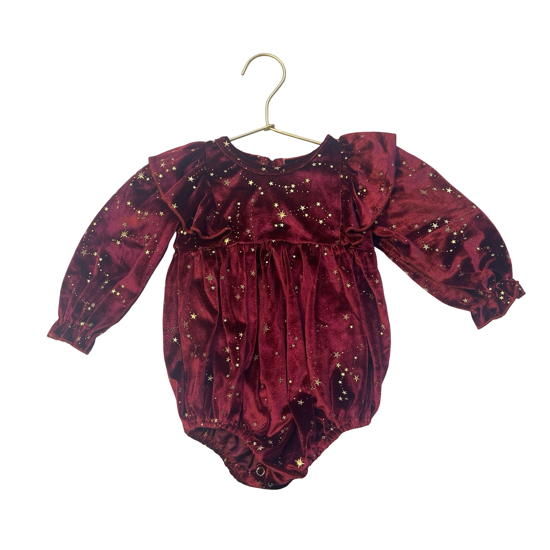 Marie Nicole Burgundy & Gold Foil Star Velour Bubble Romper - Size 9-12 Mo