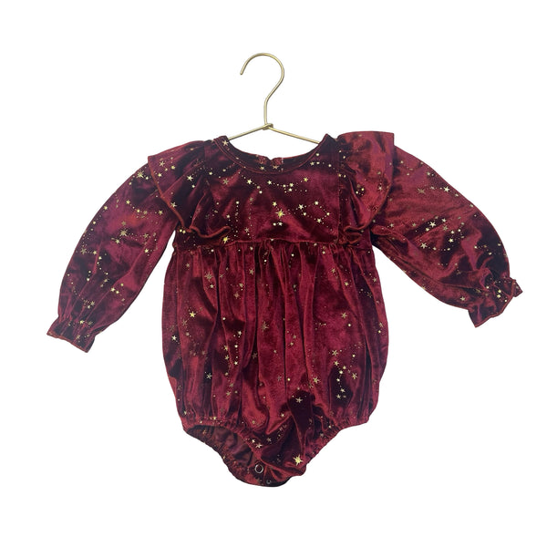 Marie Nicole Burgundy & Gold Foil Star Velour Bubble Romper - Size 9-12 Mo