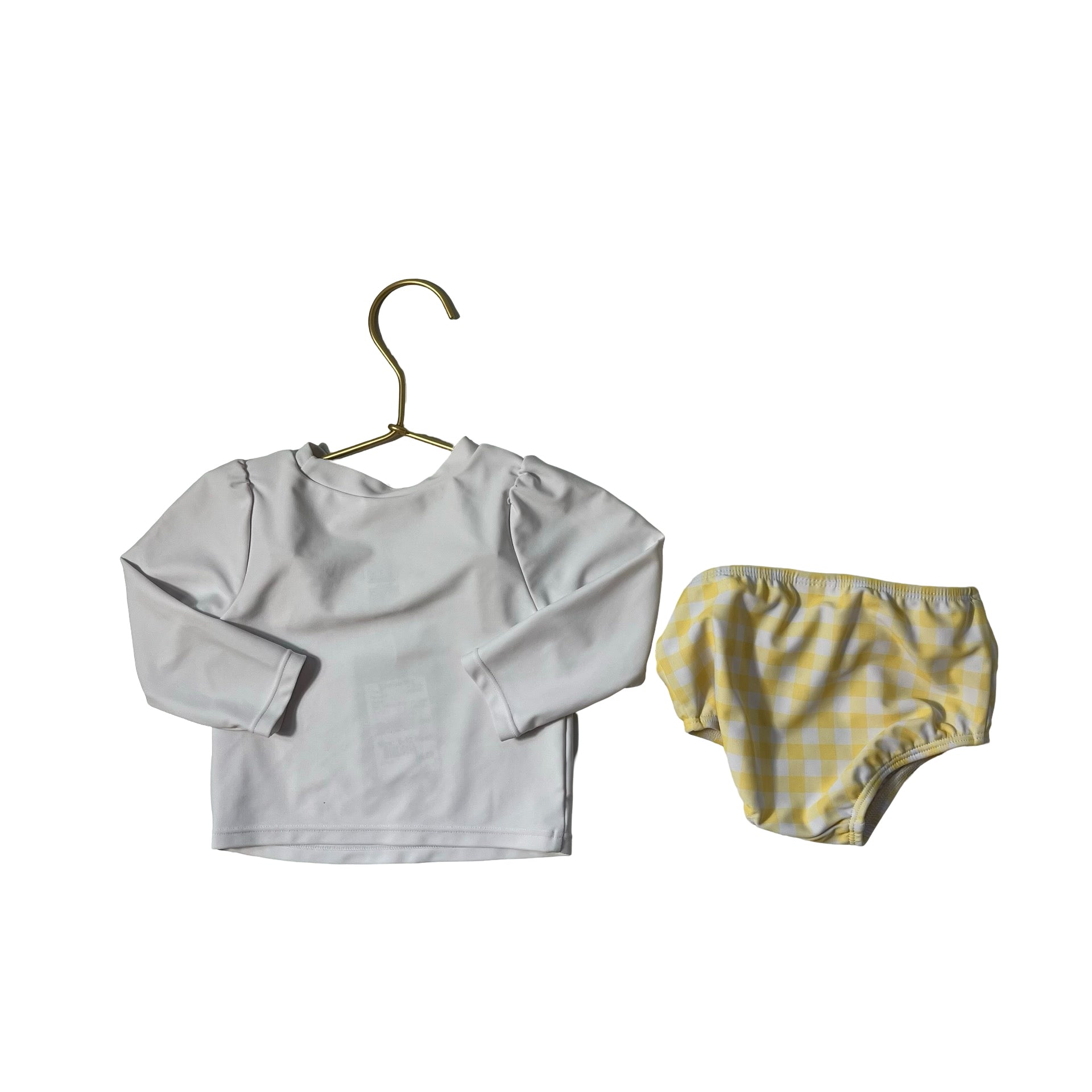 Gerber White Rashguard & Yellow Check Swim Suit Set - Size 6 - 9 Mo - Bounce Mkt