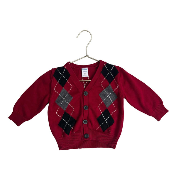 Gymboree Red, Black, Gray Argyle V - Neck Cotton Cardigan - Size 12 - 18 Mo - Bounce Mkt