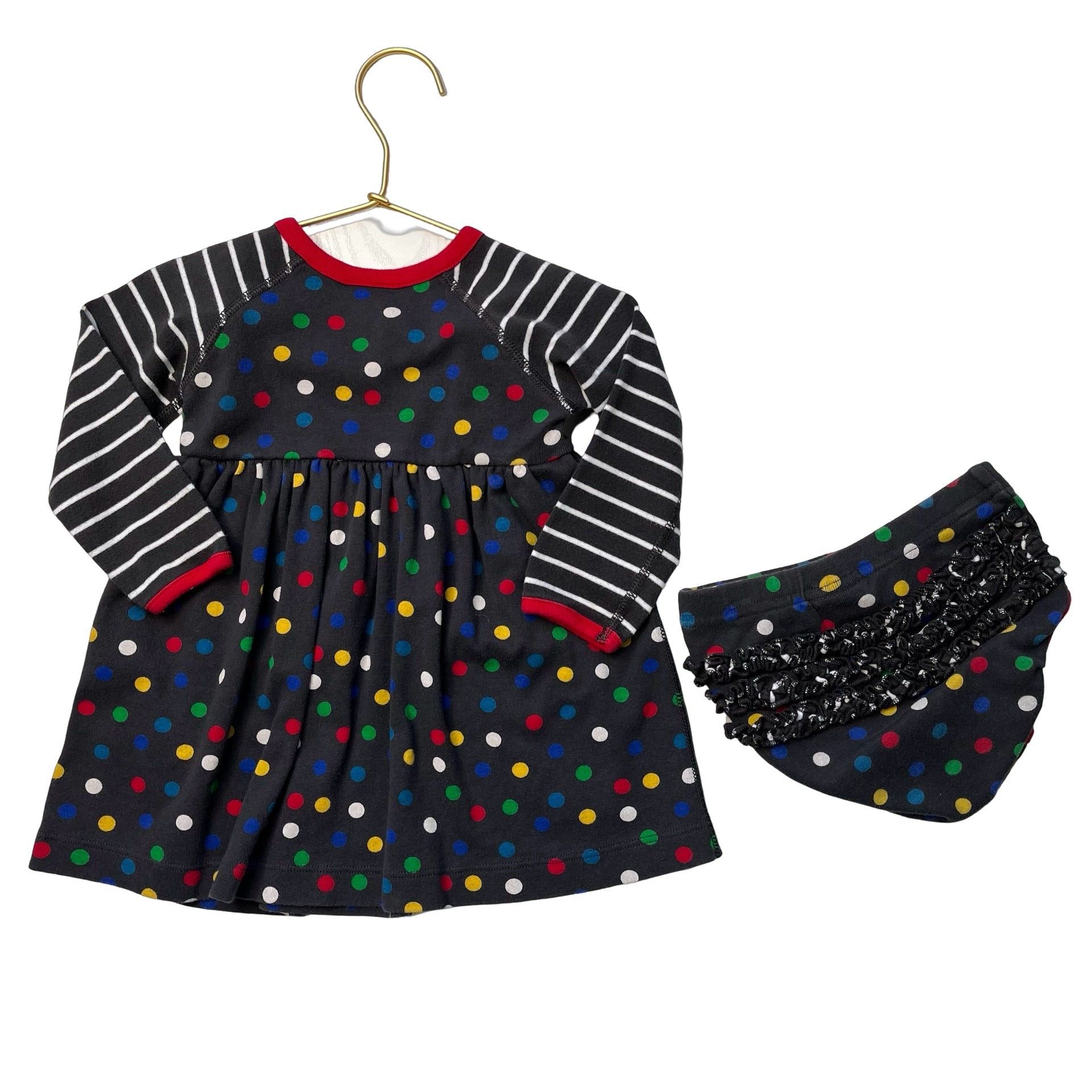 Hanna Andersson Dark Gray Dot & Striped Dress & Bloomers - Size 75 (12 - 18 Mo) - Bounce Mkt