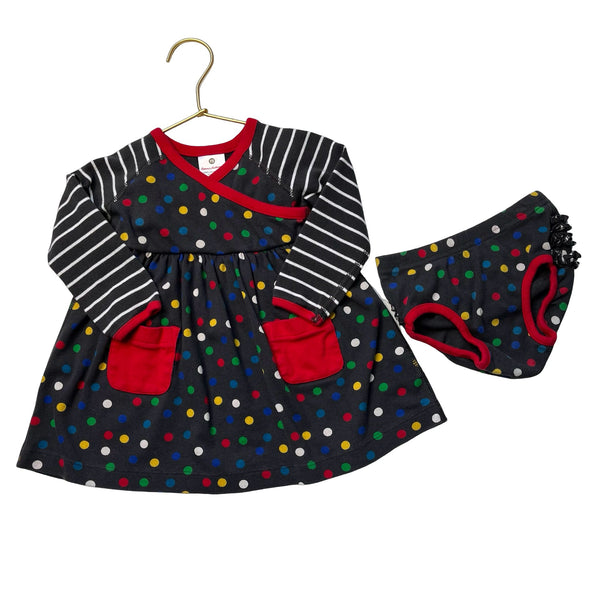 Hanna Andersson Dark Gray Dot & Striped Dress & Bloomers - Size 75 (12 - 18 Mo) - Bounce Mkt