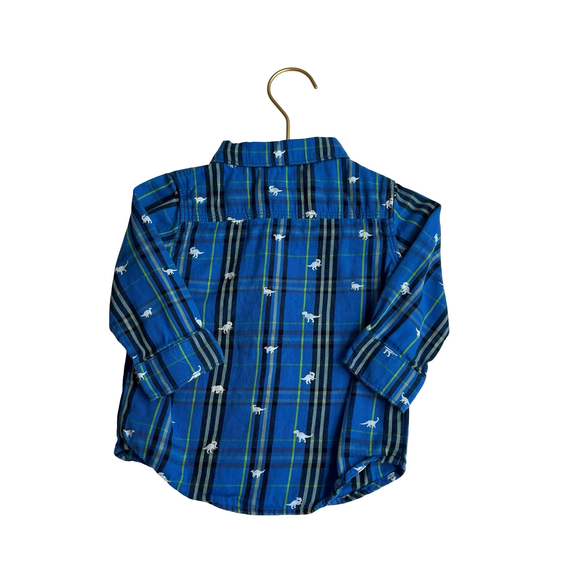 Hatley Royal Blue, Black & Lime Dino Plaid Button Down Shirt - Size 12 - 18 Months - Bounce Mkt