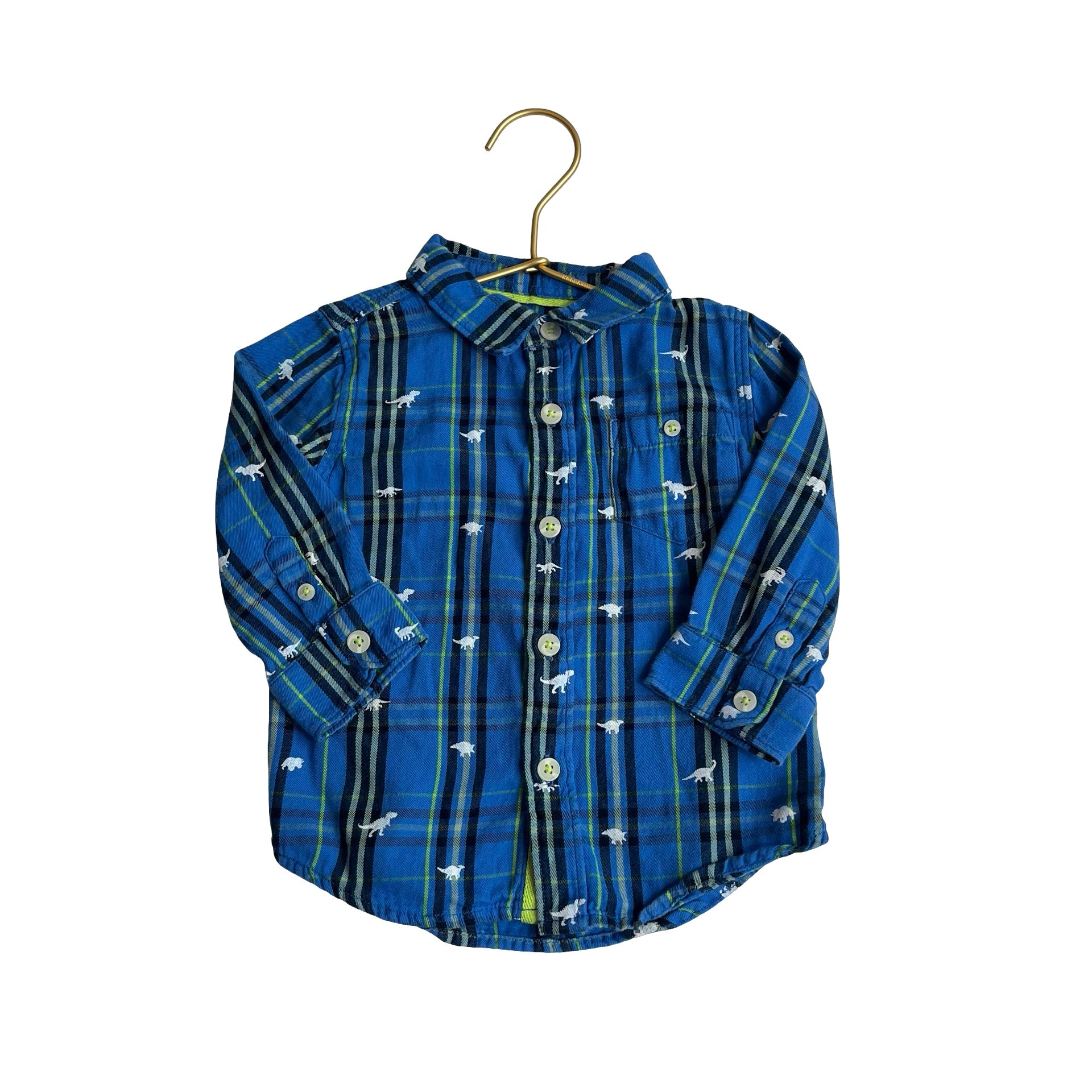 Hatley Royal Blue, Black & Lime Dino Plaid Button Down Shirt - Size 12 - 18 Months - Bounce Mkt