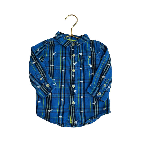 Hatley Royal Blue, Black & Lime Dino Plaid Button Down Shirt - Size 12 - 18 Months - Bounce Mkt