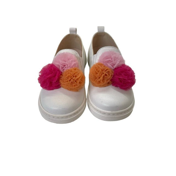 Il Gufo White Leather & Tulle Pom - Pom Slip - On Sneakers in Box - Size 29 (12) - Bounce Mkt