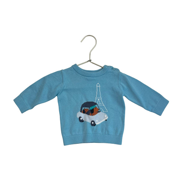 Jacadi Aqua Blue Dogs in Car Eiffel Tower Sweater - Size 6 Mo - Bounce Mkt
