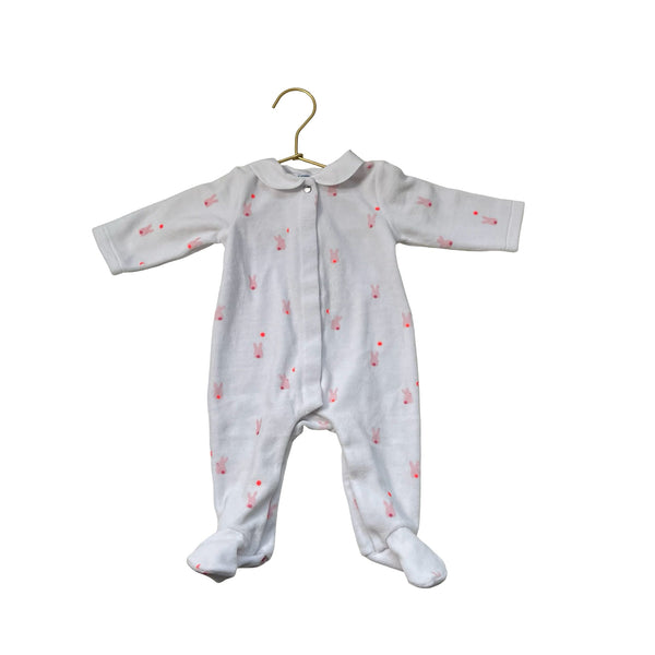 Jacadi White & Pink Velour Bunny Print Footie with Tags - Size 3 Mo - Bounce Mkt