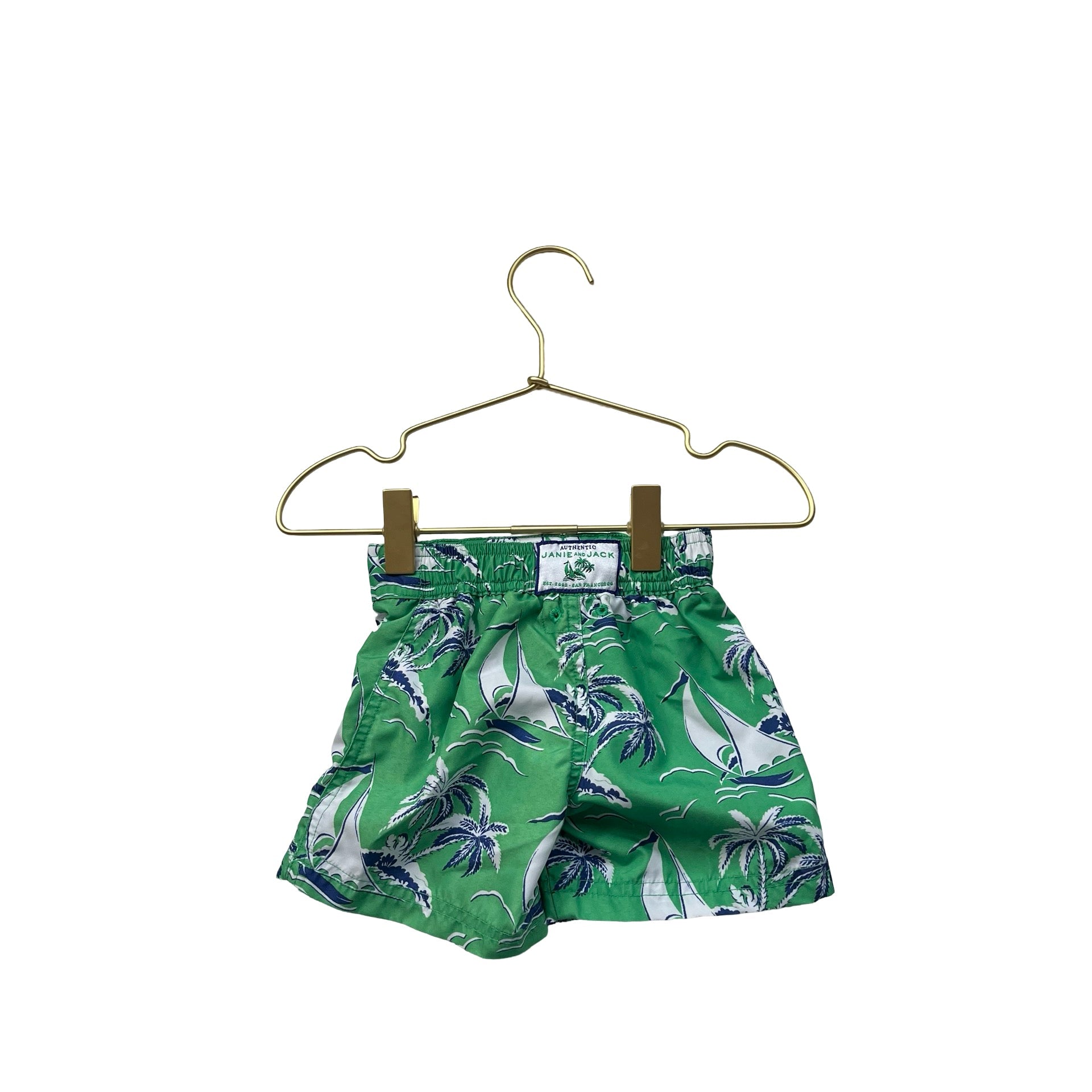 Janie and Jack Green, Ivory & Navy Sailboat Swim Shorts - Size 3 - 6 Months - Bounce Mkt