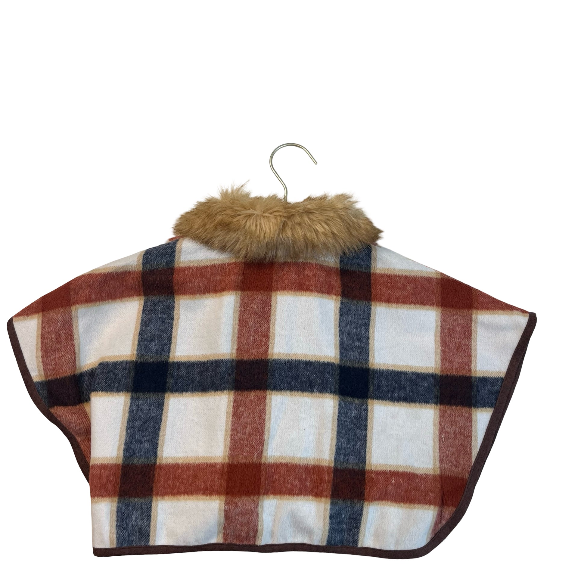 Janie and Jack Ivory, Brown & Navy Check Faux Fur Flannel Cape - Size 12 - 18 Mo - Bounce Mkt