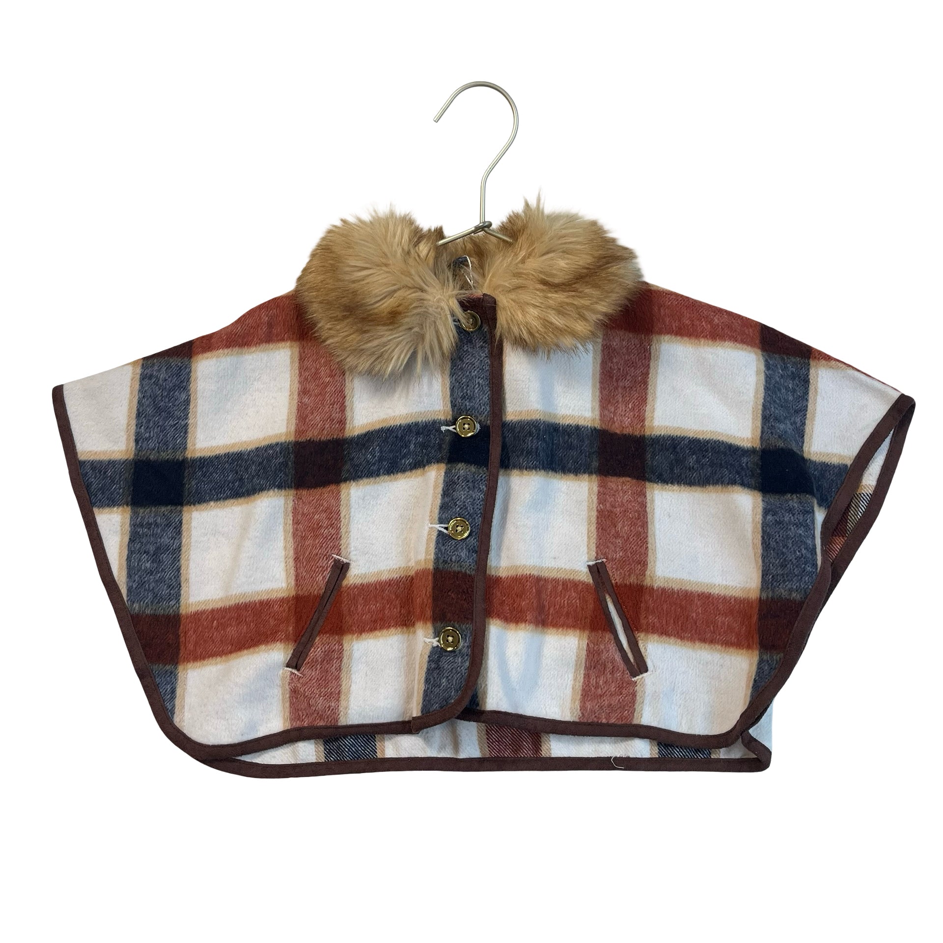 Janie and Jack Ivory, Brown & Navy Check Faux Fur Flannel Cape - Size 12 - 18 Mo - Bounce Mkt