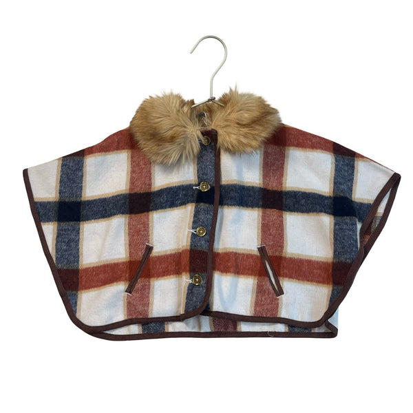 Janie and Jack Ivory, Brown & Navy Check Faux Fur Flannel Cape - Size 12 - 18 Mo - Bounce Mkt