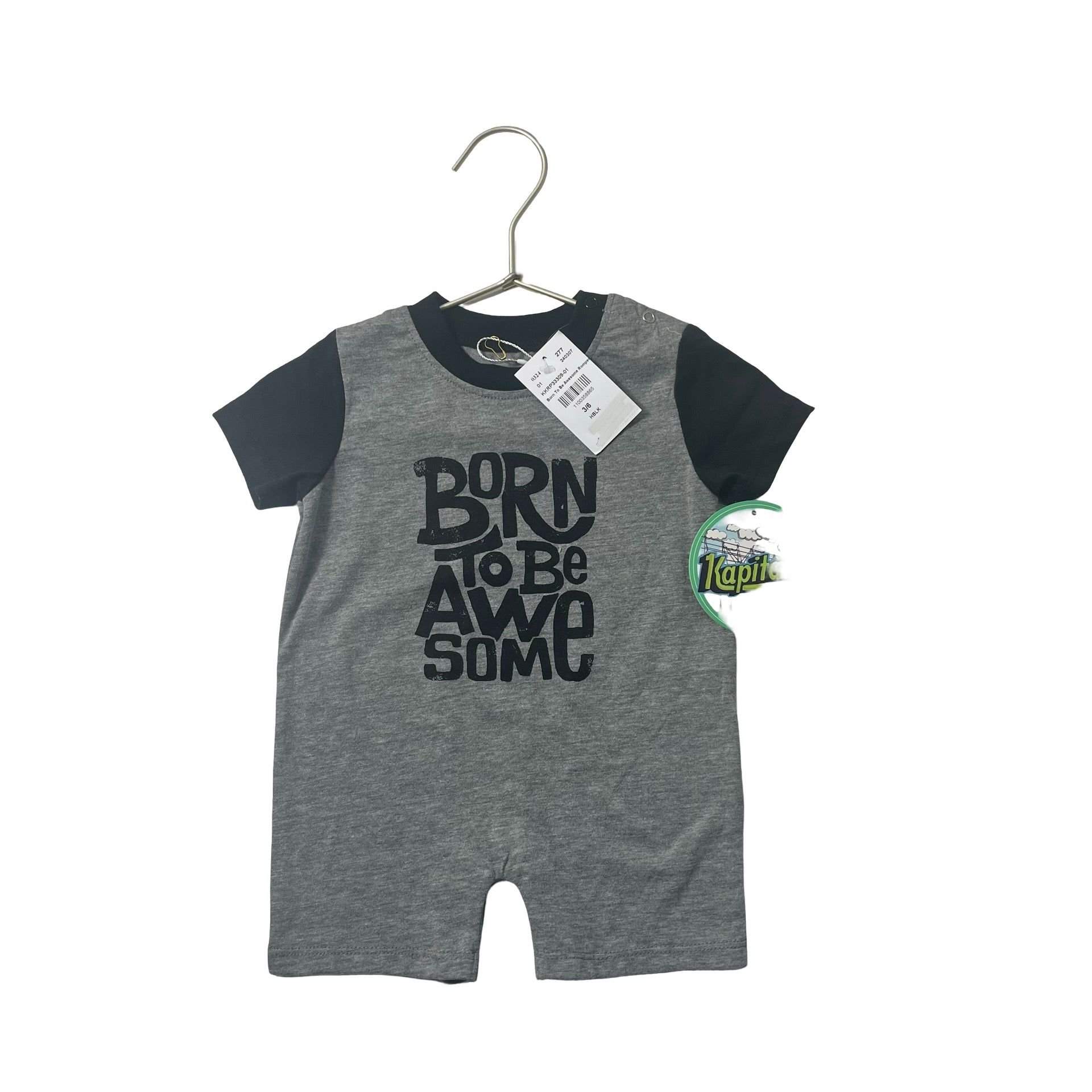 Kapital K Gray & Black 'Born To Be Awesome' Romper with Tags - Size 3 - 6 Mo - Bounce Mkt