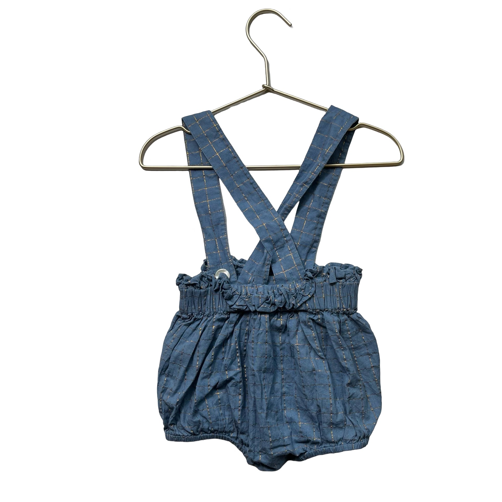 Louis Louise Blue & Gold Metalic Suspender Bubble Shorts - Size 18 Mo - Bounce Mkt