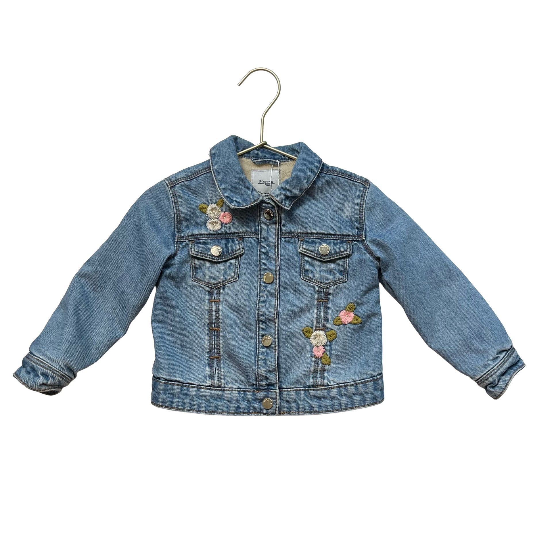 Mayoral Fleece - Lined Flower Embroidered Denim Jacket - Size 24 Mo - Bounce Mkt