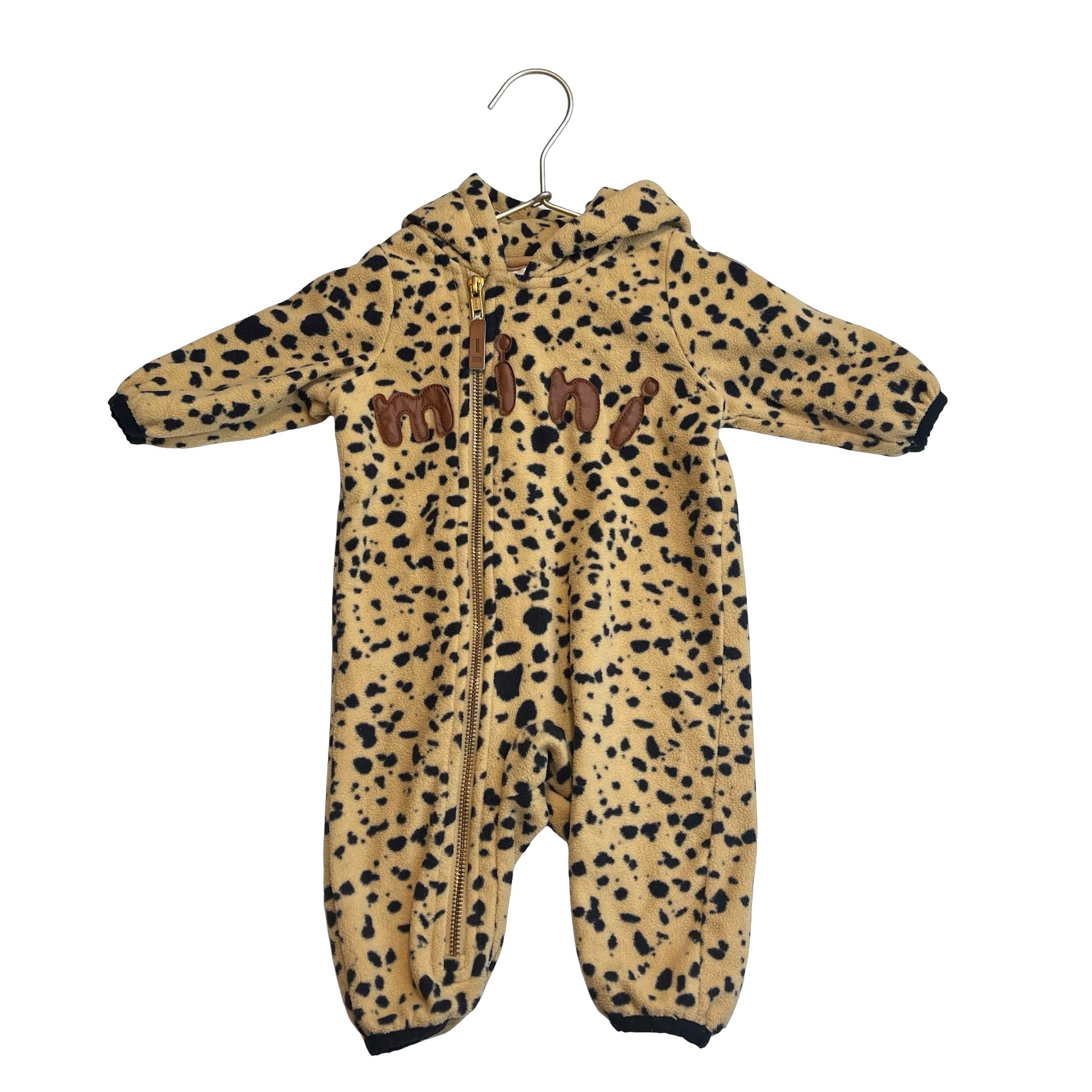 Mini Rodini Khaki & Black Leopard Fleece Hooded One Piece - Size 56/62(1 - 4 Mo) - Bounce Mkt