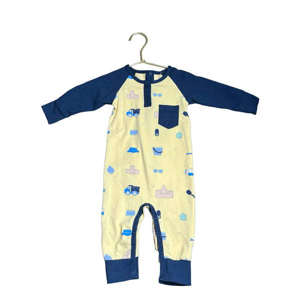 Monica + Andy Yellow & Navy Truck & Sandcastle Long Sleeve One Piece - Size 6 - 12M - Bounce Mkt