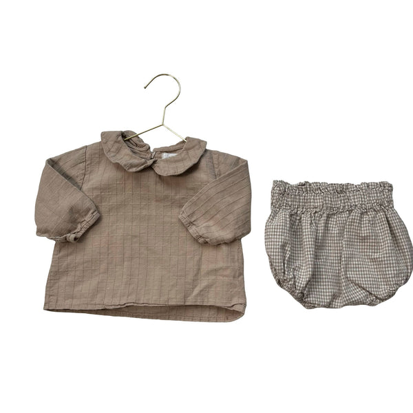 My Bebe Tan Blouse & Check Bubble Shorts - Size S 2 - 3 - Bounce Mkt