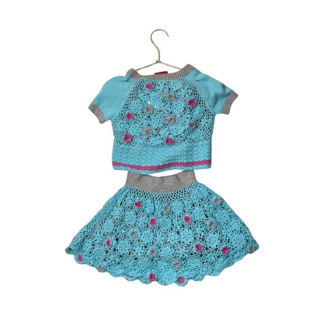 Oilily Aqua Blue & Gray Crochet Skirt & Short Sleeve Cardigan Set - Size 86 (2) - Bounce Mkt