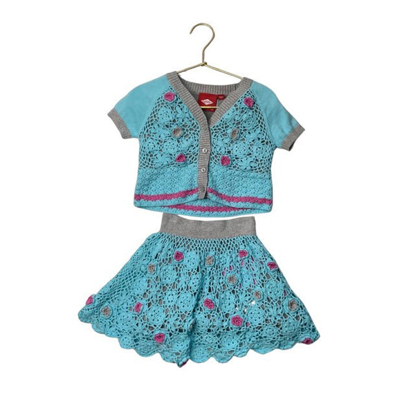 Oilily Aqua Blue & Gray Crochet Skirt & Short Sleeve Cardigan Set - Size 86 (2) - Bounce Mkt