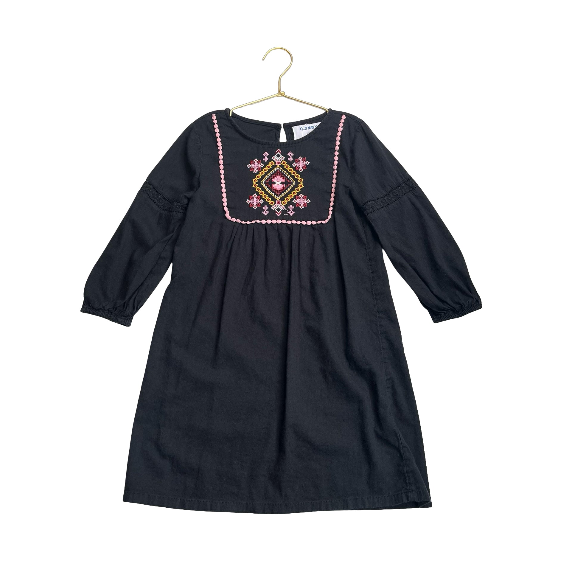 Old Navy Black, Pink & Red Diamond Embroidery Long Sleeve Dress - Size S (6/7) - Bounce Mkt